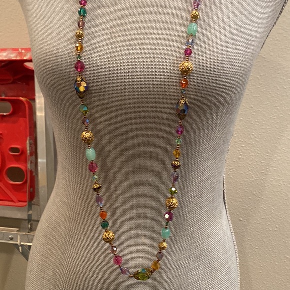 Women's long gold multi colored beads and stones necklace - Picture 7 of 8